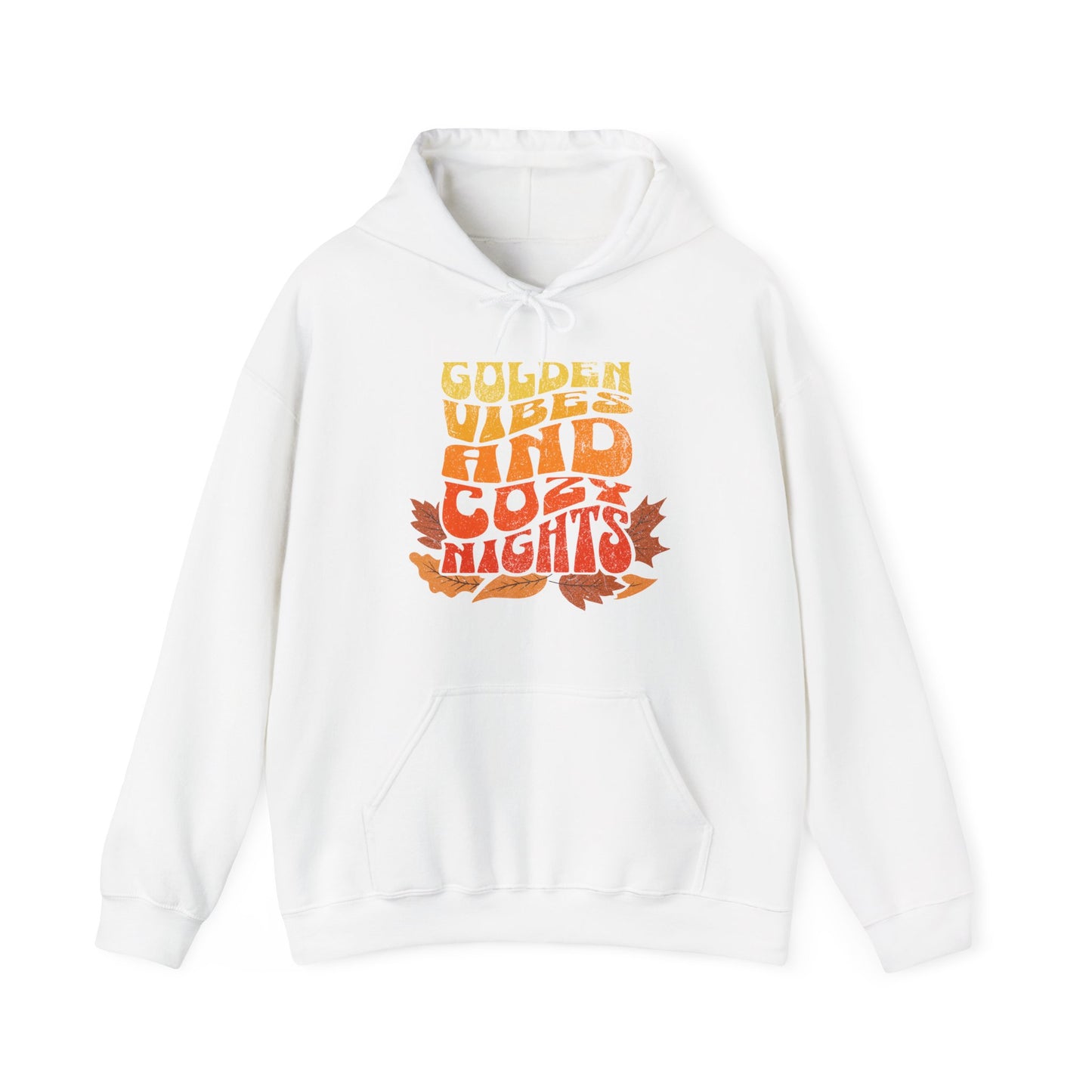 Comfy white hoodie with “Golden Vibes and Cozy Nights” text in yellow-to-orange gradient and autumn leafs BimBangDesign