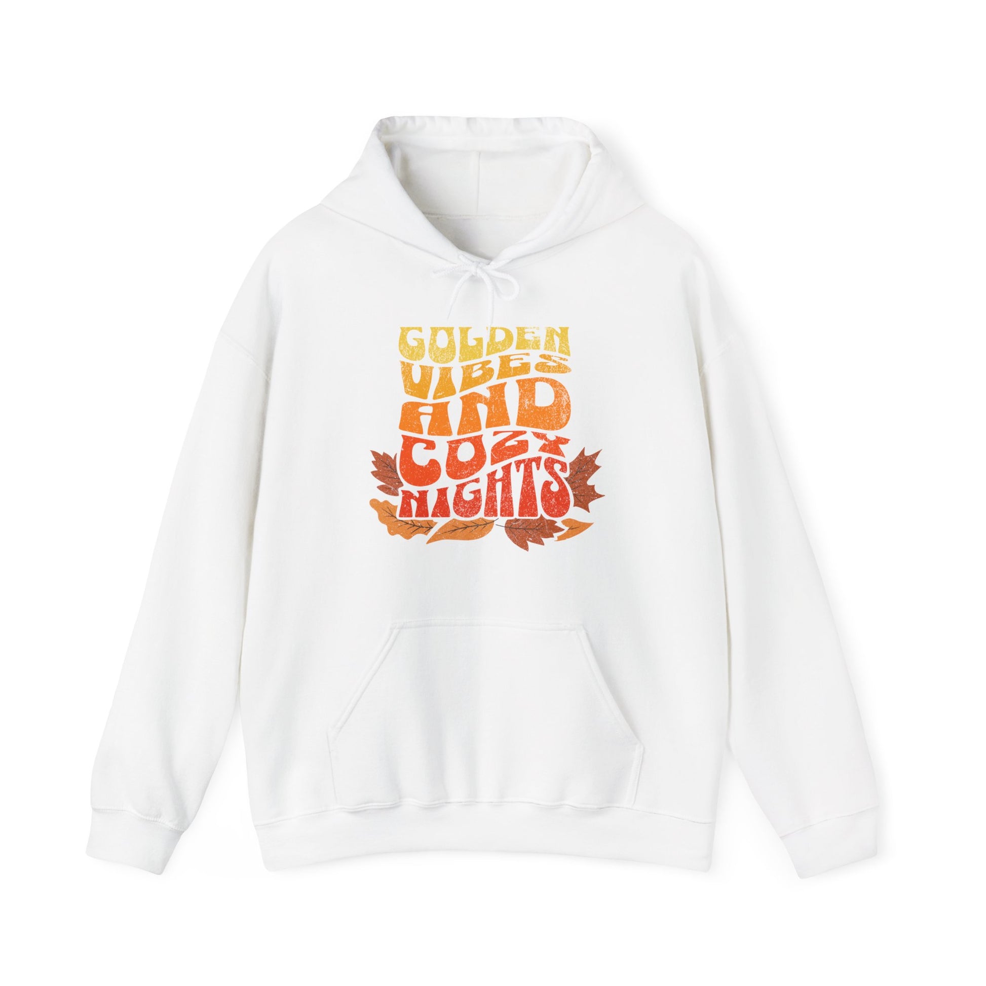 Comfy white hoodie with “Golden Vibes and Cozy Nights” text in yellow-to-orange gradient and autumn leafs BimBangDesign