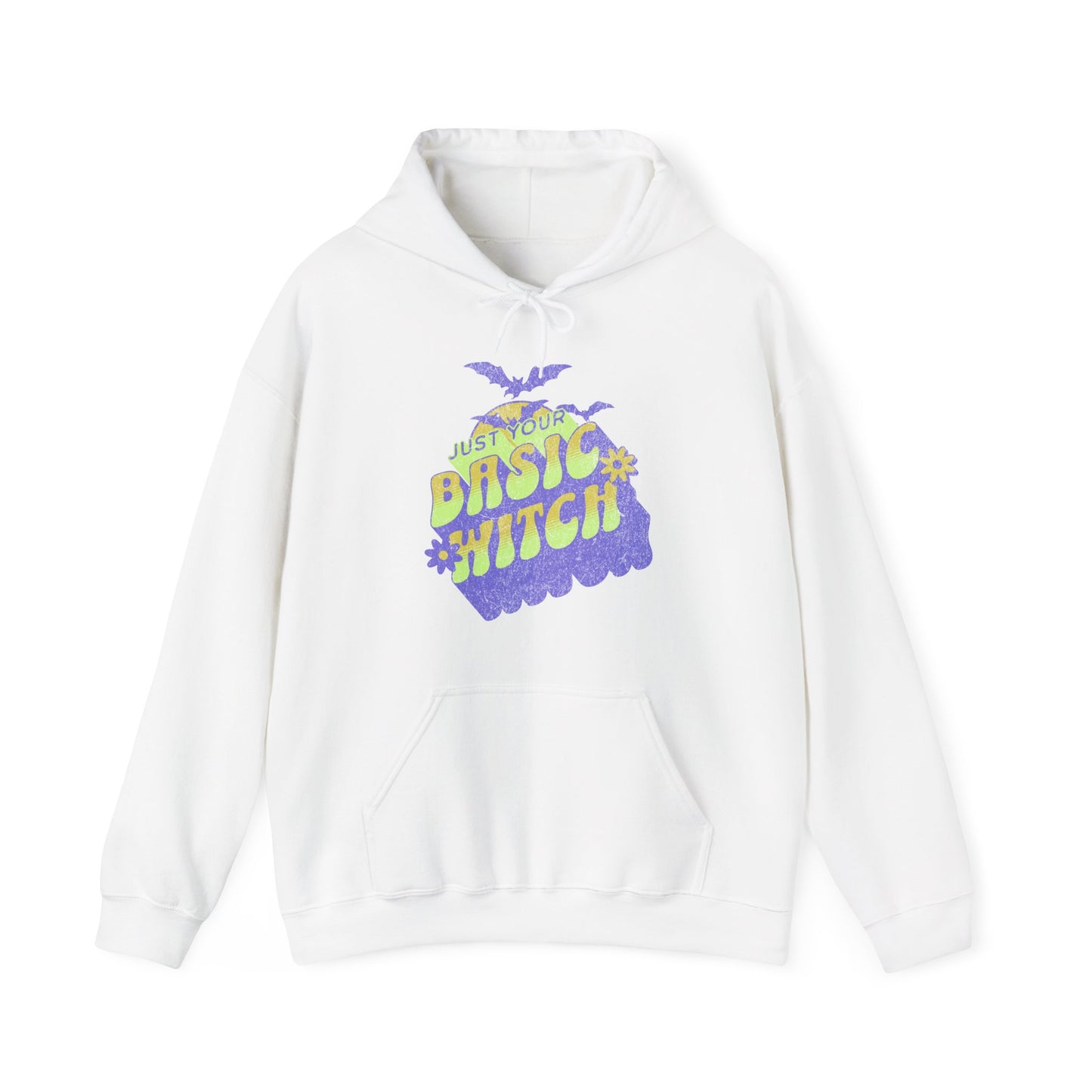 White Unisex “Just Your Basic Witch” Halloween hoodie with witchy print — cozy fall fashion with playful attitude. BimBangDesign