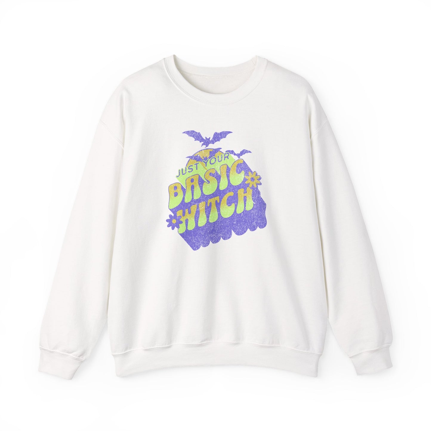 White Unisex “Just Your Basic Witch” Halloween sweatshirt with witchy print — cozy fall fashion with playful attitude.