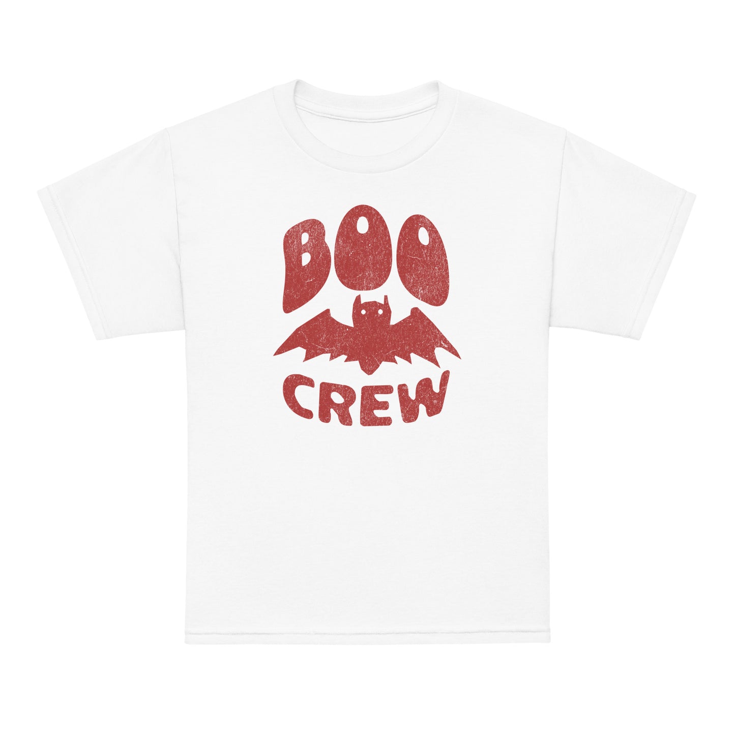 White Boo Crew Halloween kids T-shirt with cute bat illustration – cozy unisex fall tee by BimBangDesign