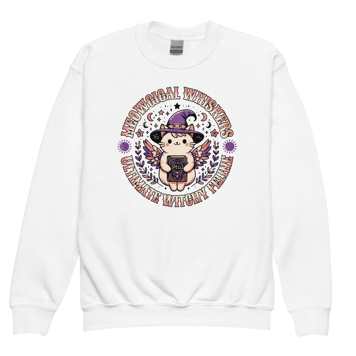 White Meow Magical Witchy Cat kids sweatshirt – cute little cat with witch hat, sparkles and stars by BimBangDesign