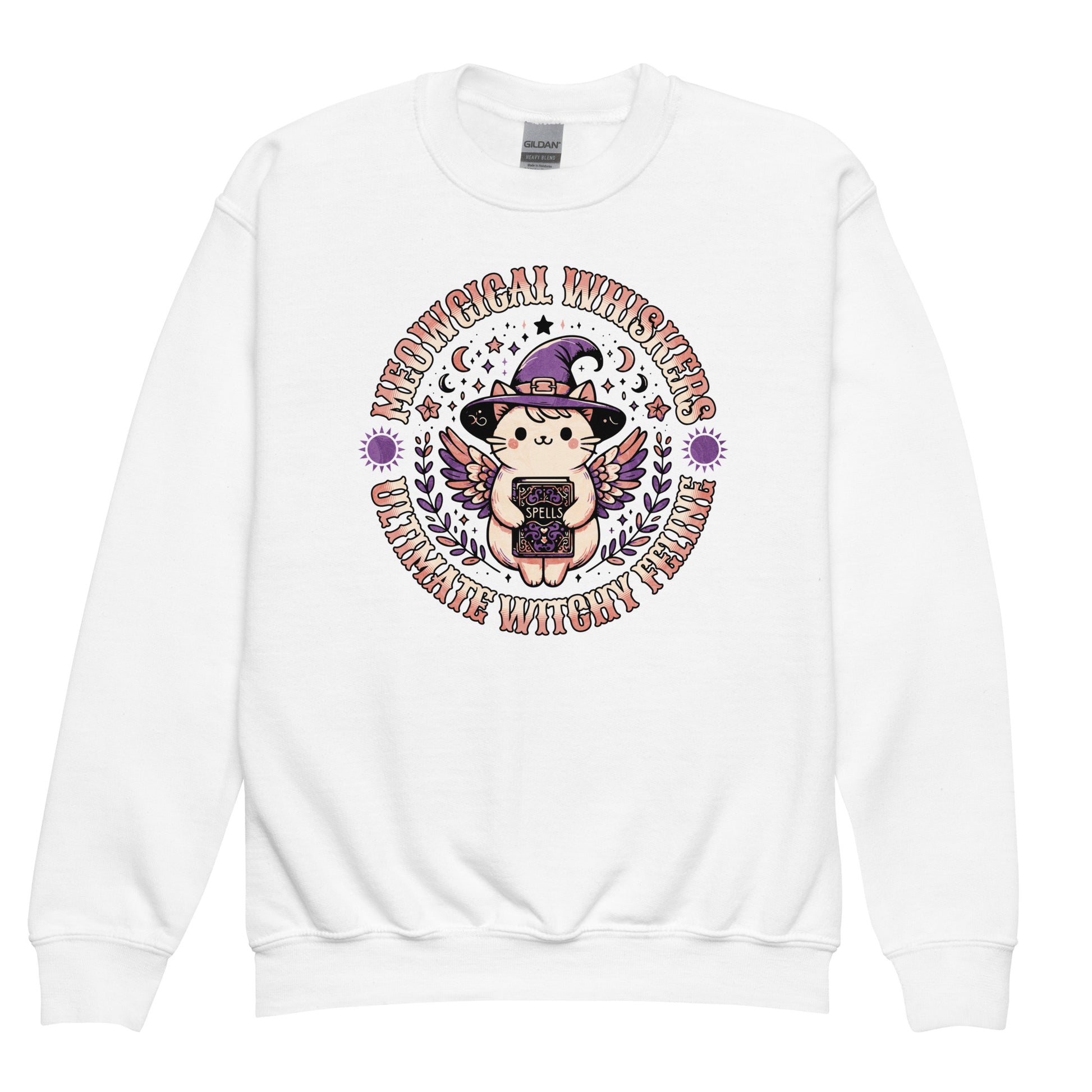 White Meow Magical Witchy Cat kids sweatshirt – cute little cat with witch hat, sparkles and stars by BimBangDesign