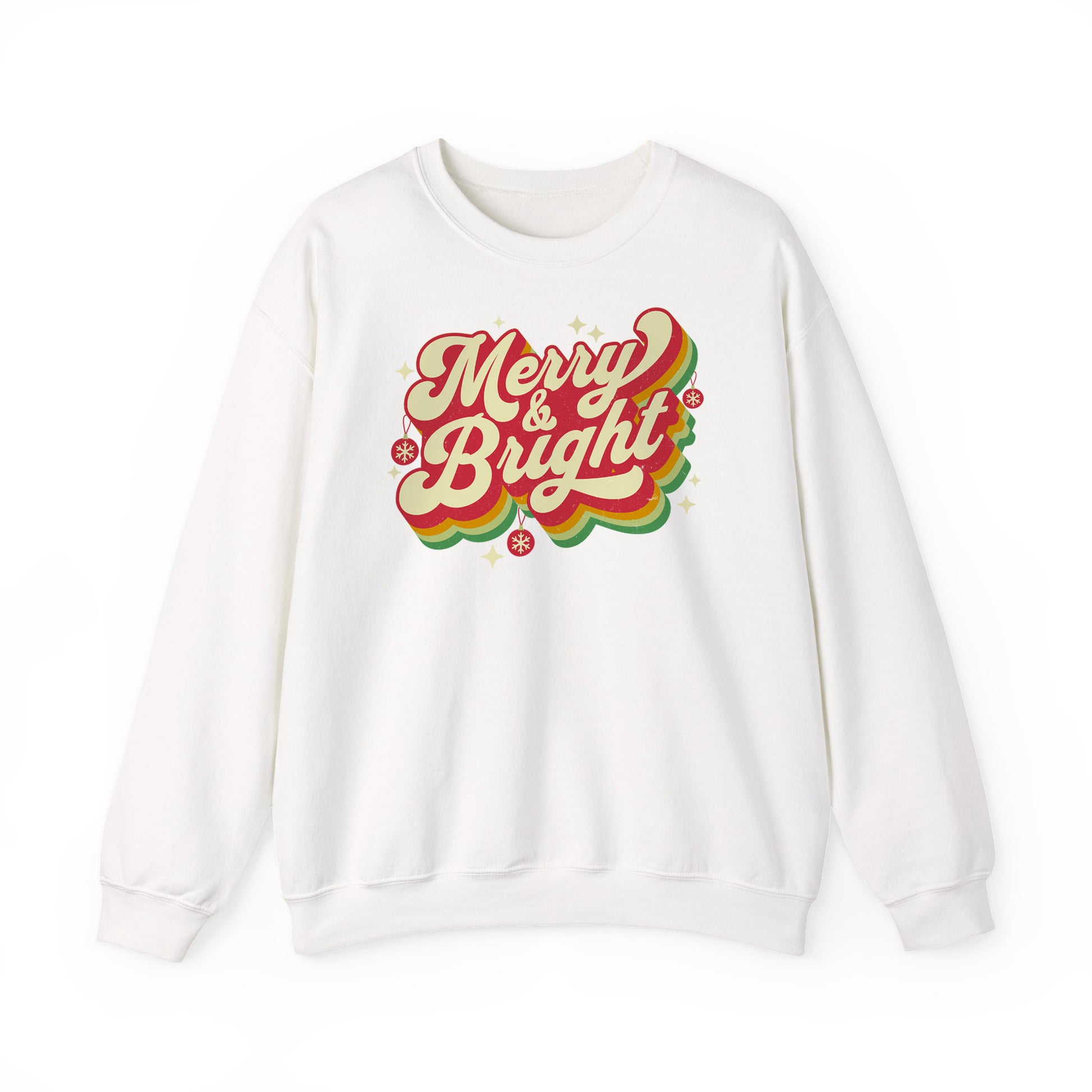 White Cozy Unisex Christmas sweatshirt with warm fleece and festive “Merry & Bright” print BimBangDesign