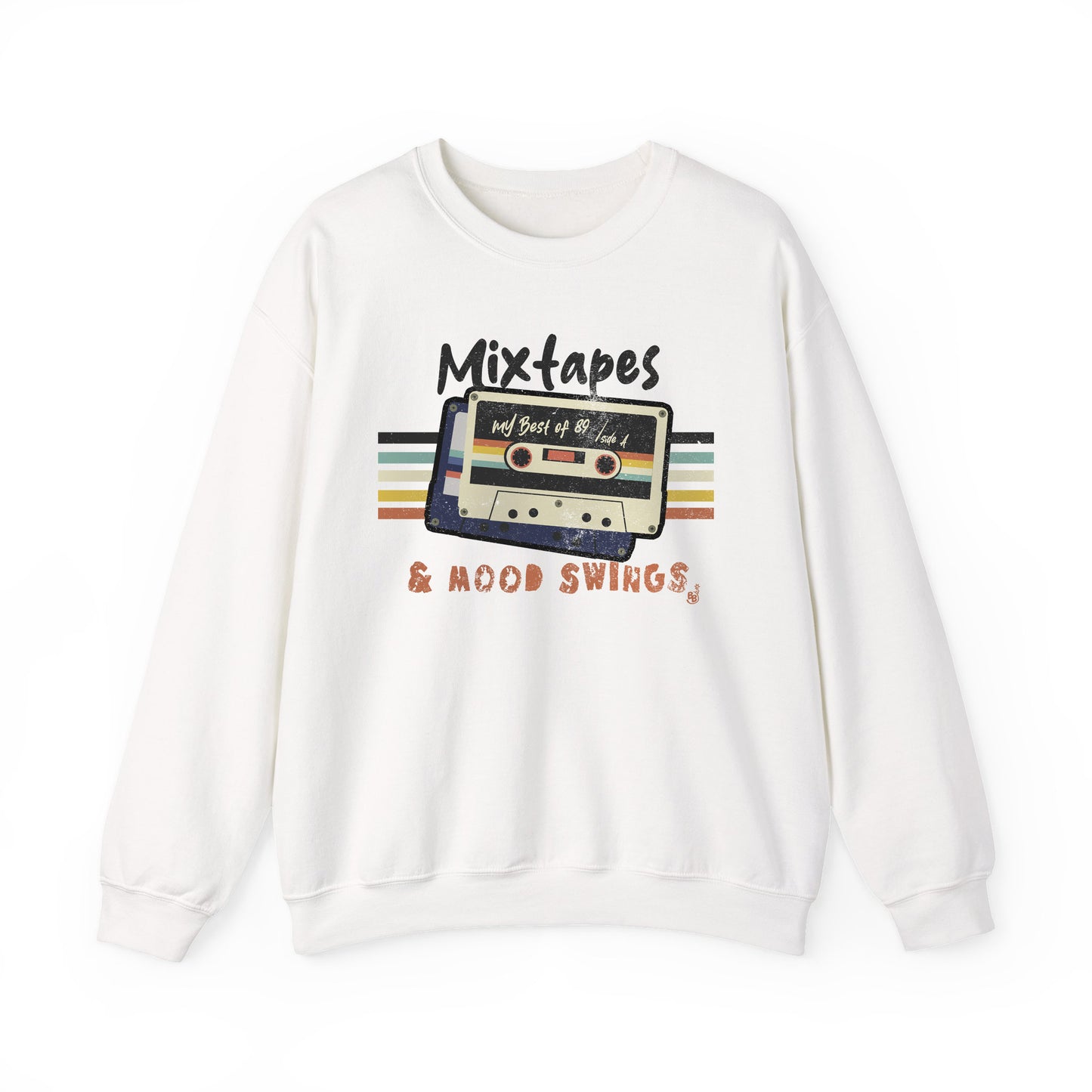 Mixtapes & Mood Swings vintage typography on a White Sweatshirt for vintage vibe hunters BimBangDesign