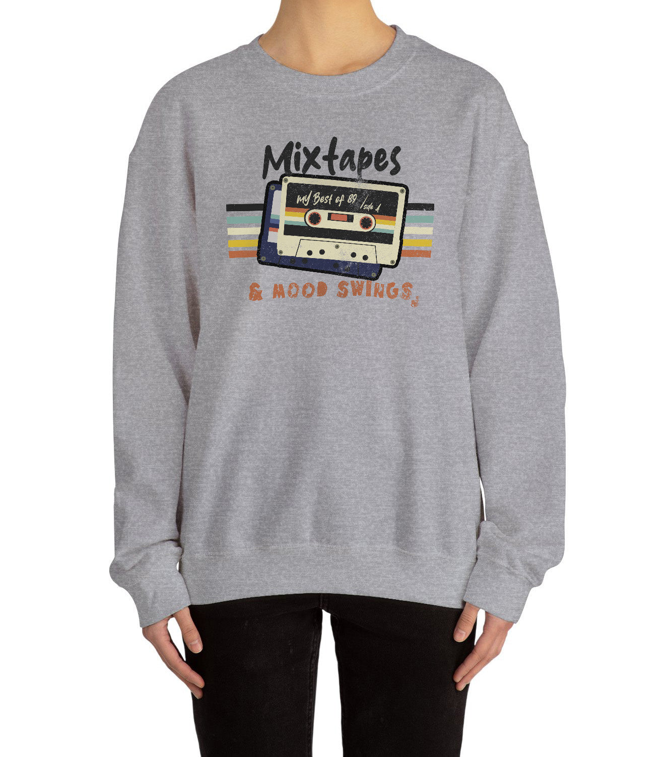Mixtapes & Mood Swings vintage typography on a Sport Grey Sweatshirt worn by a vintage vibe hunters BimBangDesign