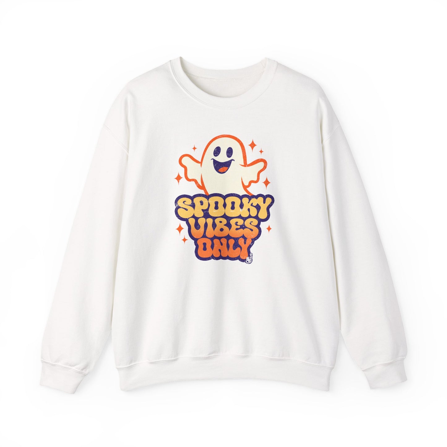 White Spooky Vibes Only sweatshirt with funny ghost art for adults that love vintage halloween cartoon BimBangDesign