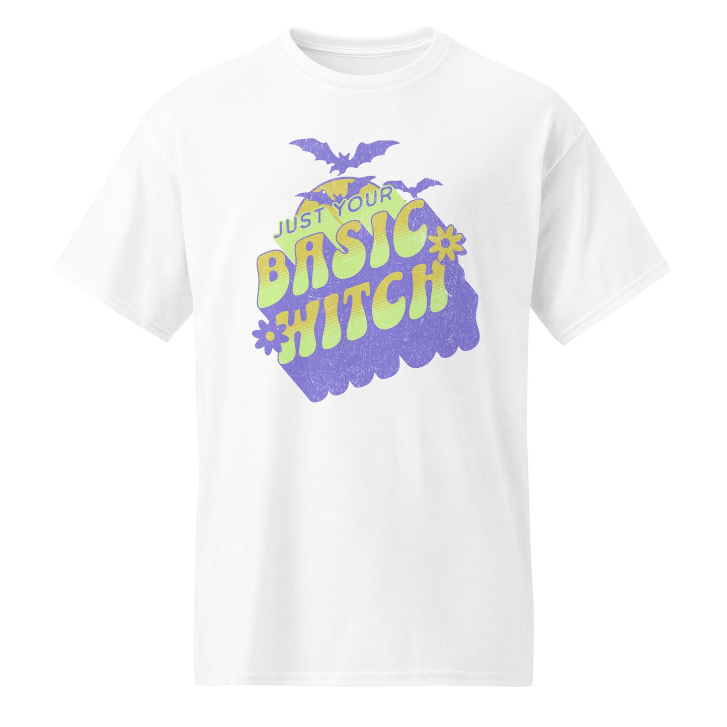 White Unisex t-shirt with “Just Your Basic Witch” print – fun Halloween tee featuring retro witchy vibes, perfect for casual spooky style. BimBangDesign