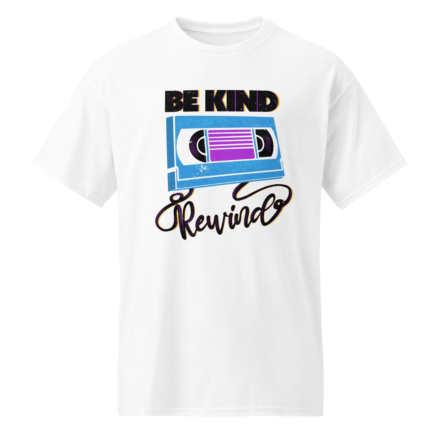 White Be Kind Rewind T-shirt, retro typographic style, VHS inspiration, BimBangDesign