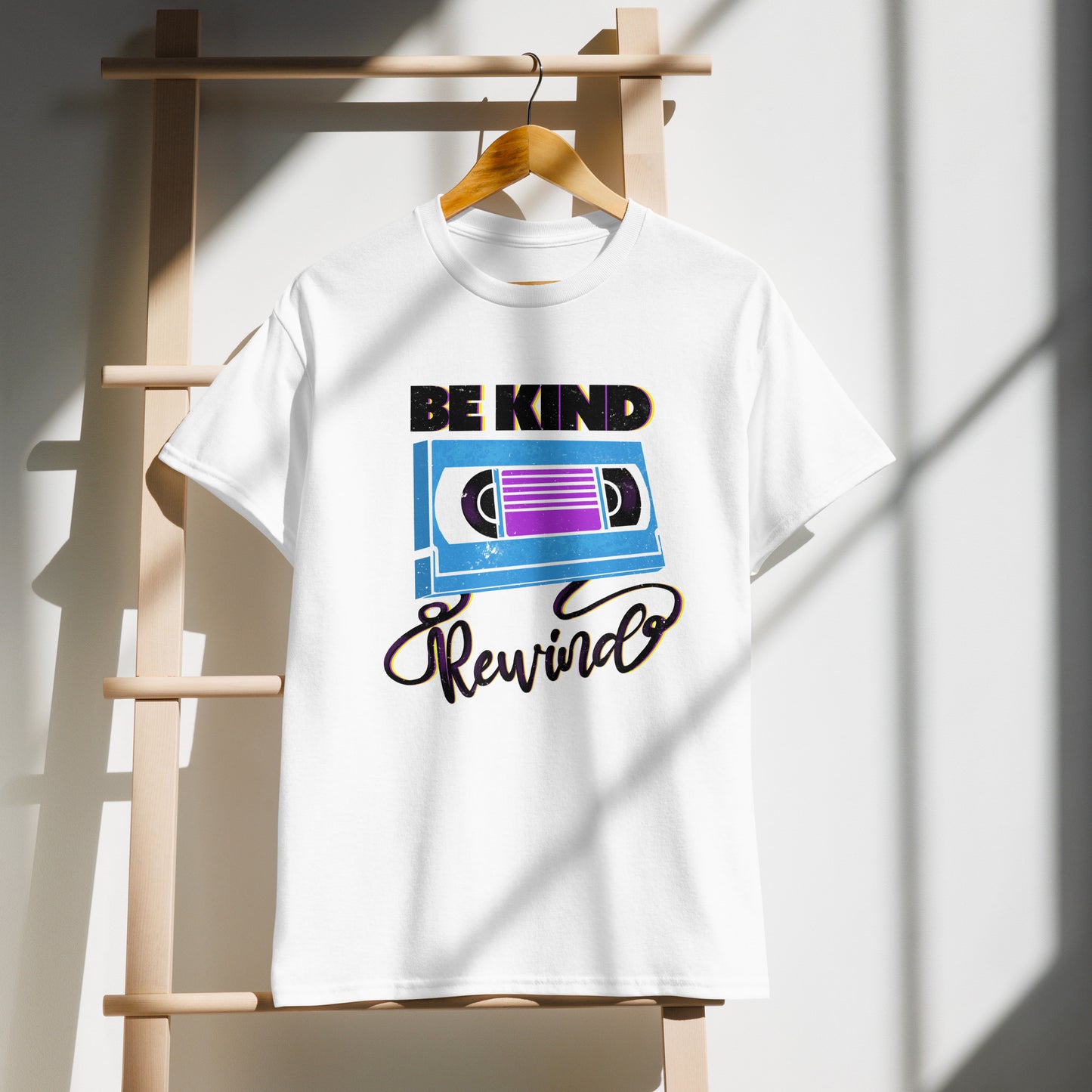 White Be Kind Rewind T-shirt on demo, retro typographic style, VHS inspiration, BimBangDesign