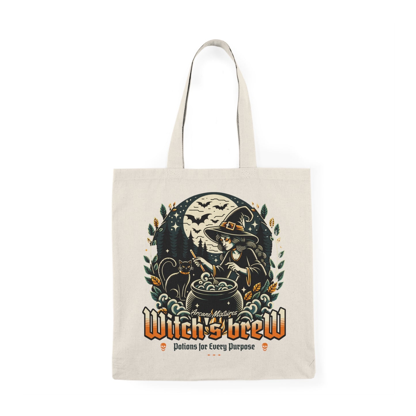Witch's Brew tote bag featuring a Witch preparing a magical potion — Halloween tote by BimBangDesign
