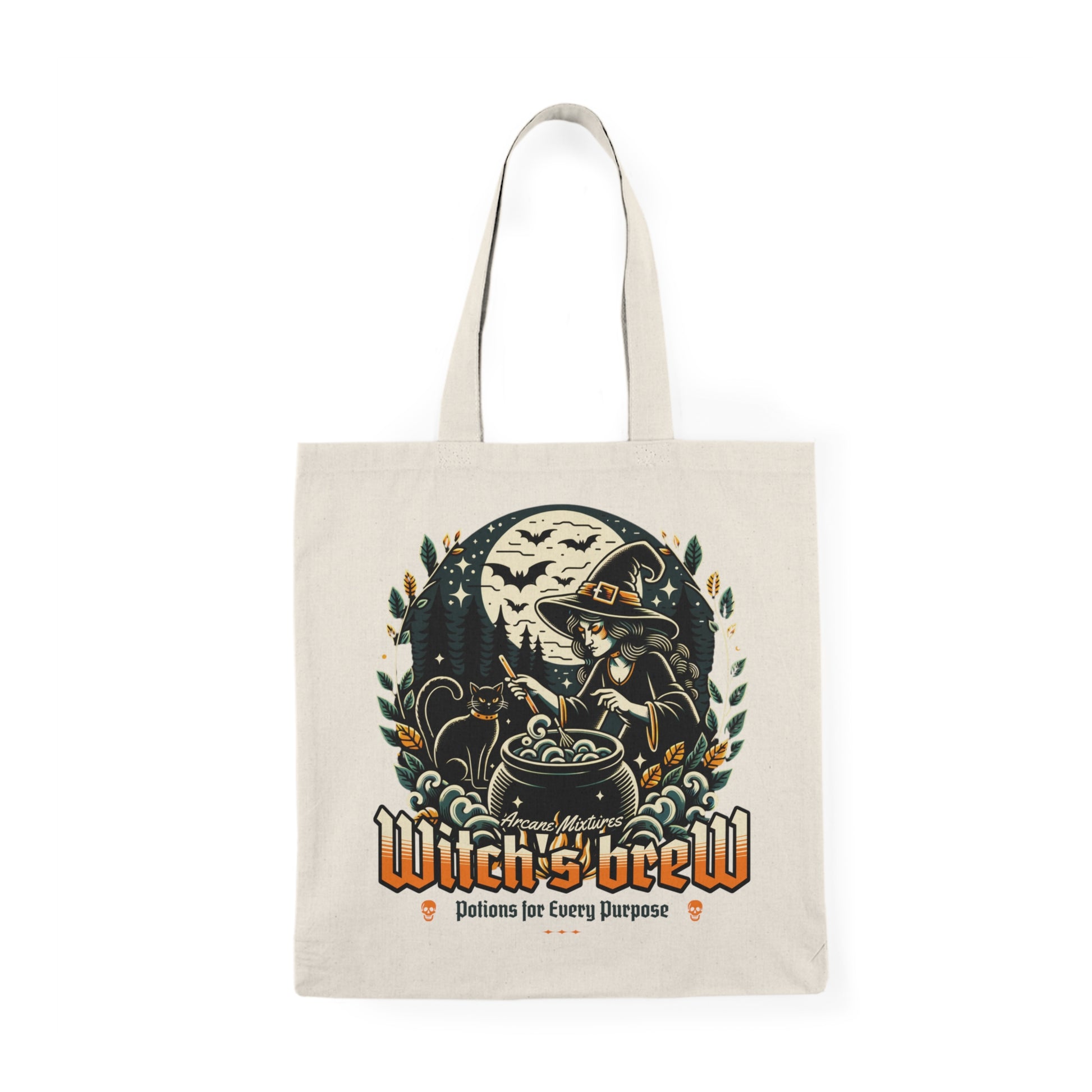 Witch's Brew tote bag featuring a Witch preparing a magical potion — Halloween tote by BimBangDesign
