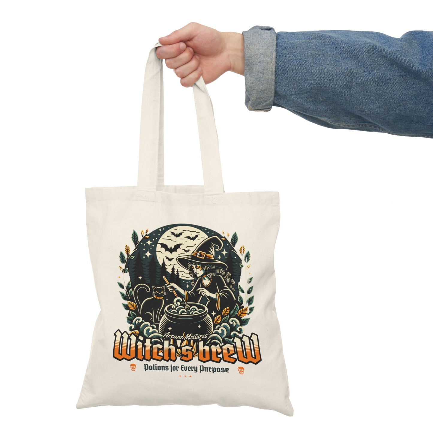 Witch's Brew tote bag featuring a Witch preparing a magical potion in the hand of a spooky vibes fan — BimBangDesign
