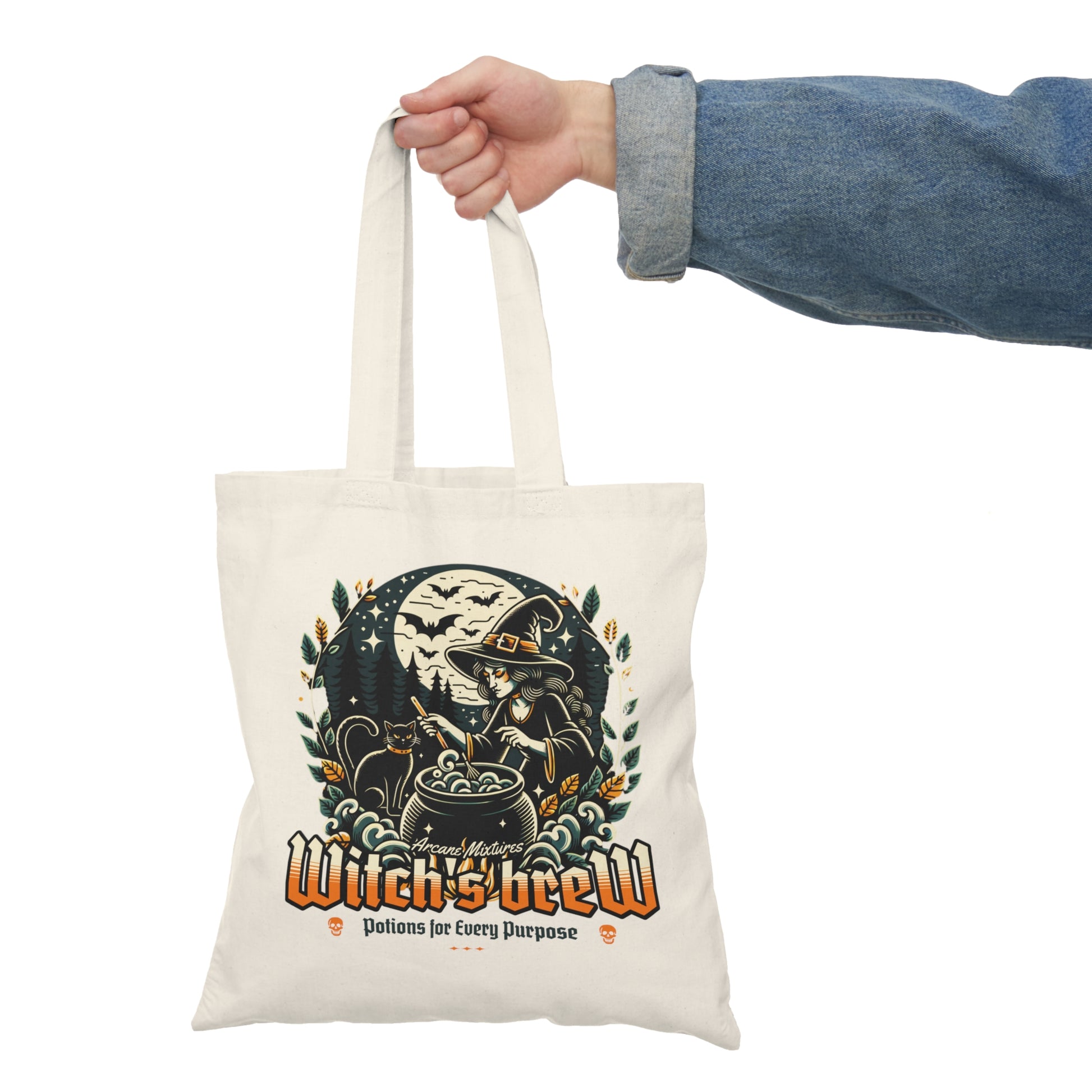 Witch's Brew tote bag featuring a Witch preparing a magical potion in the hand of a spooky vibes fan — BimBangDesign